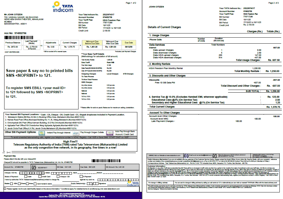 India Tata Indicom utility bill template in Word and PDF formats, 2 pages